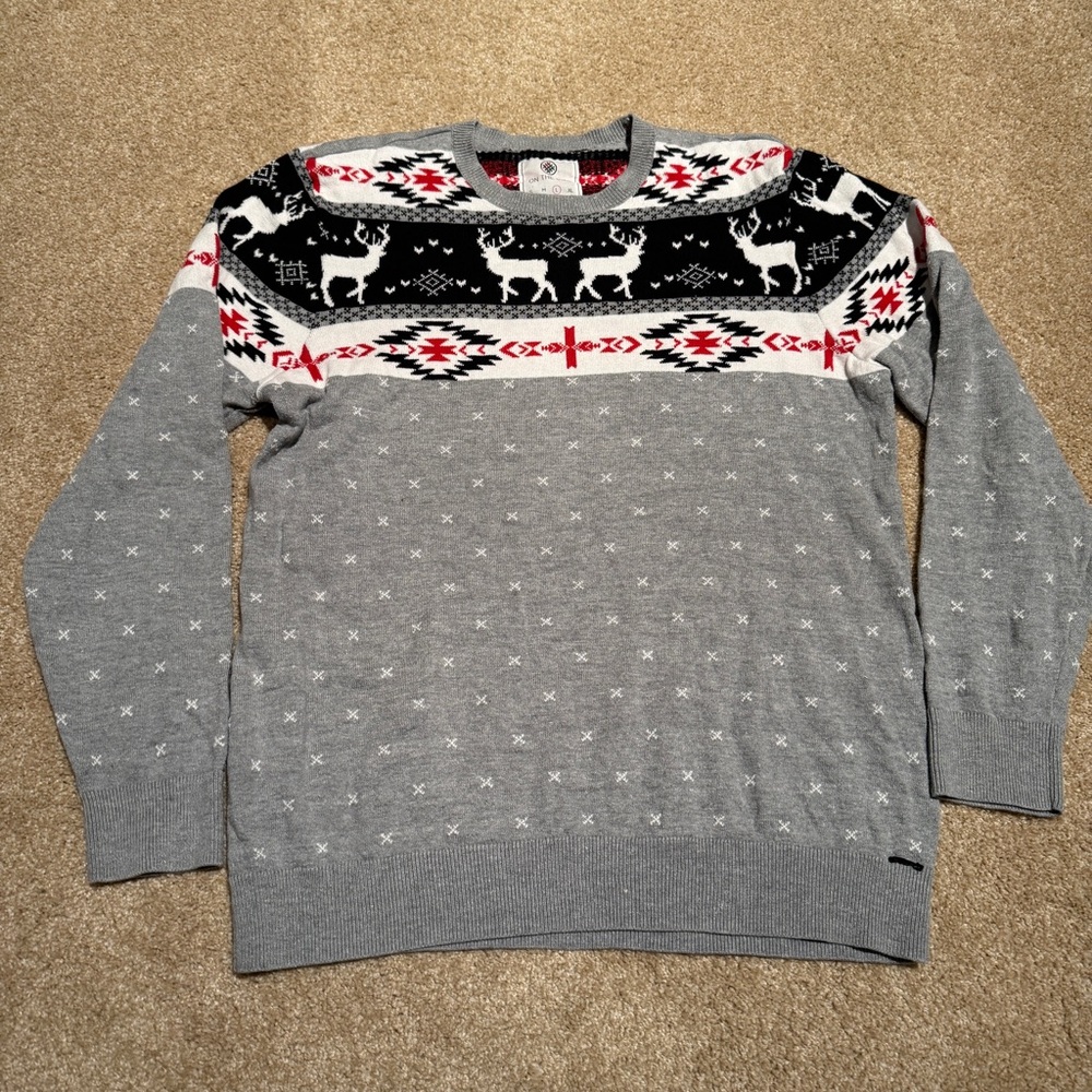 Men's On The Byas Southwest Aztec Deer Christmas Holiday Sweater, Gray, Large